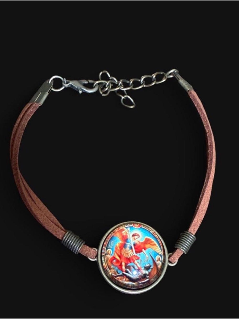 Brown Leather Bracelet with Colorful Saint Medallion